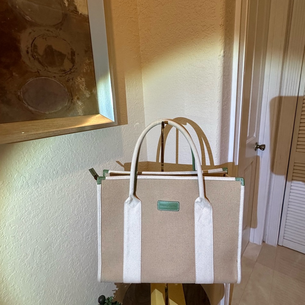 Large Laptop bag. Beautiful leather green trim.